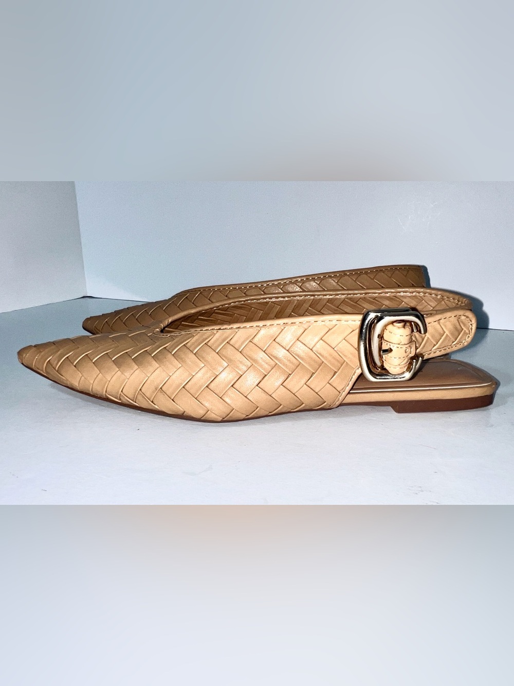 ZARA Woven Leather Pointed Toe Slingback Flats Buckle Nude Tan Sz 38 - Picture 4 of 12